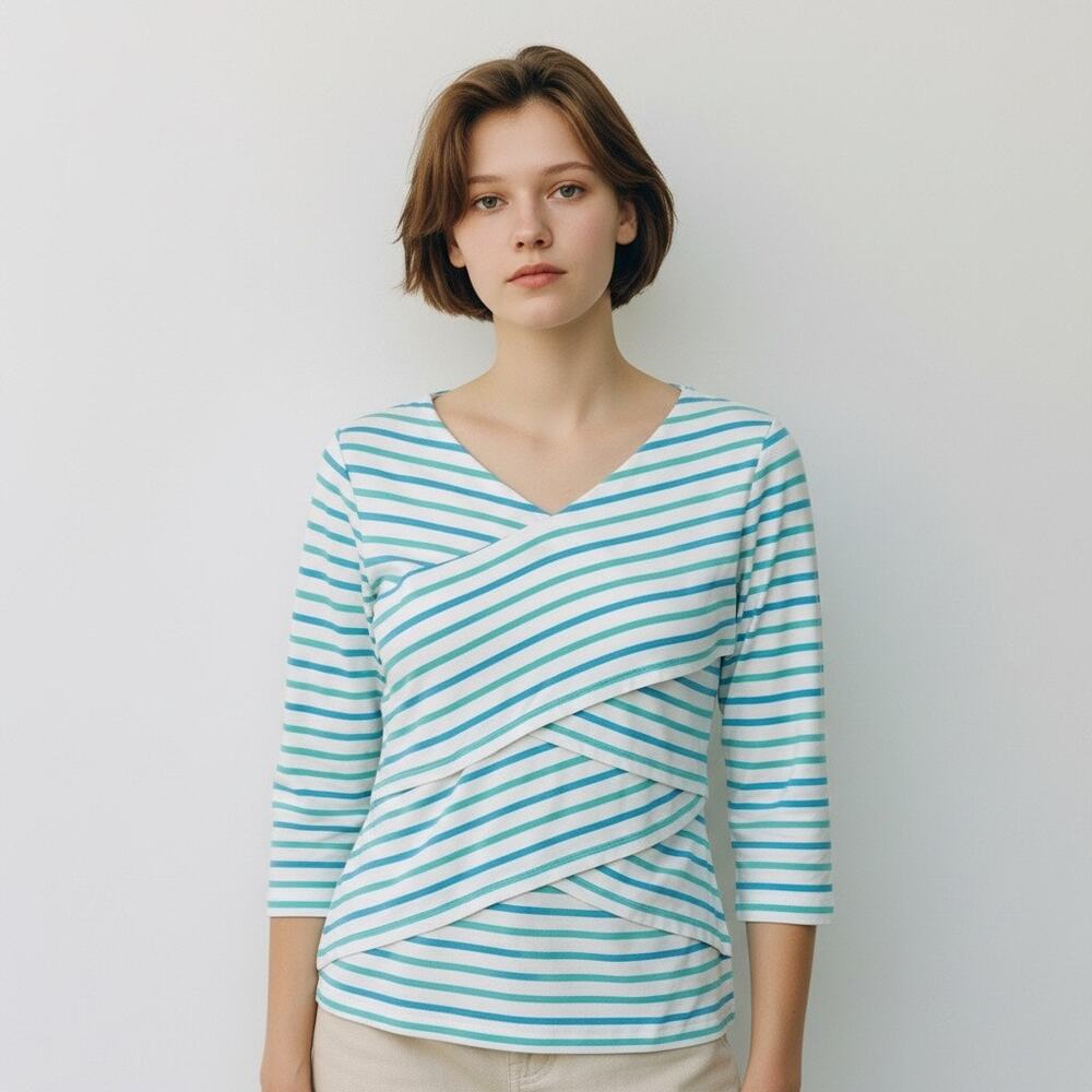 J. McLaughlin White And Aqua Striped Crossover Spandex Blend Top Size Small